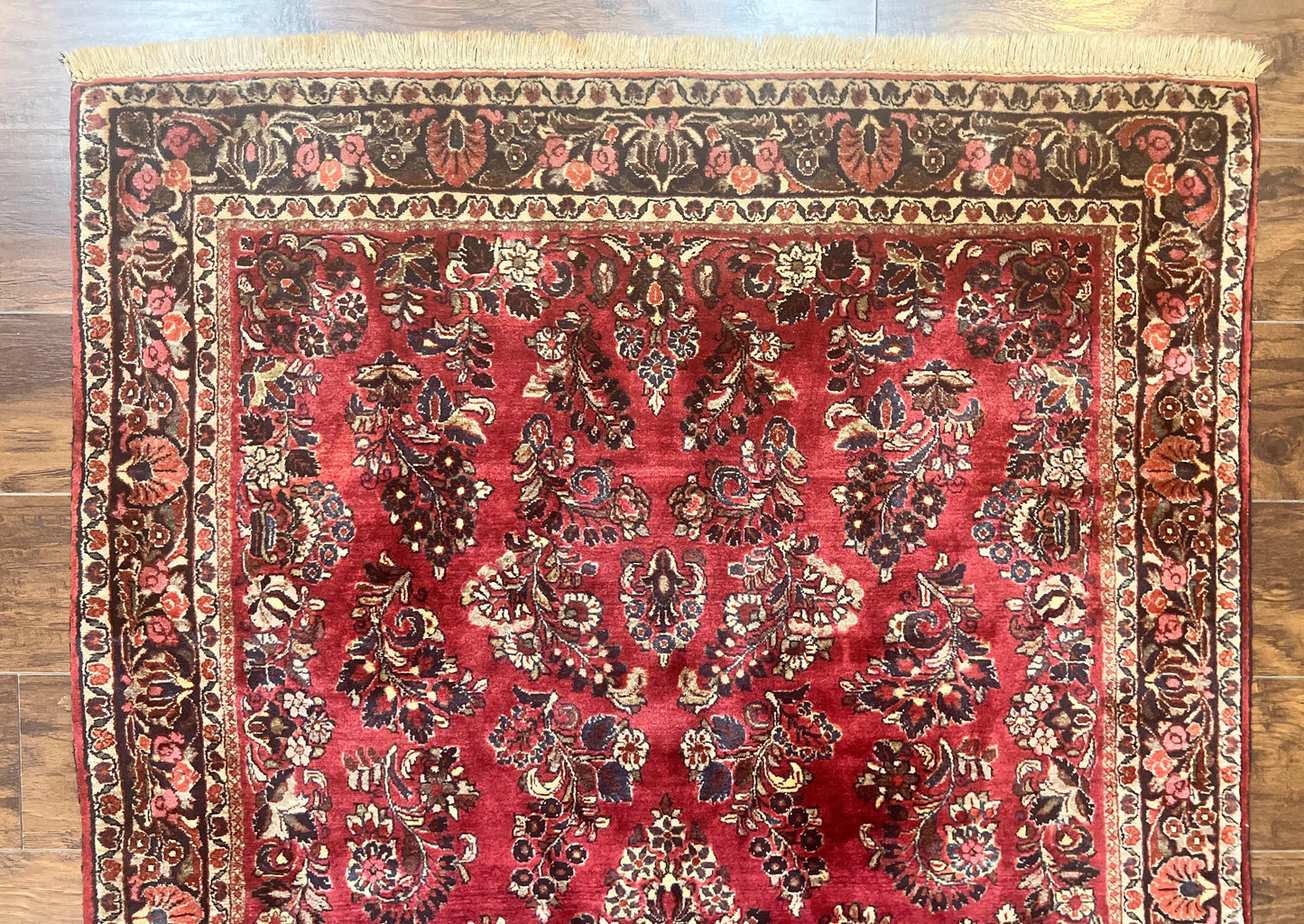 USED Antique Persian Sarouk Rug 4x7, Hand Knotted Wool Red Persian Carpet, Floral