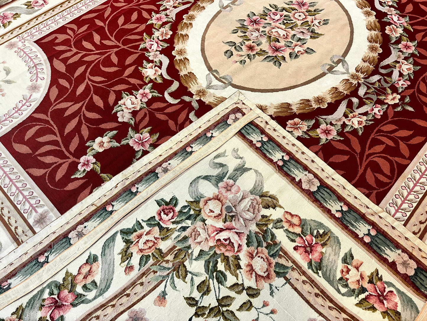 USED Wonderful Aubusson Rug 9x12, Handmade Vintage Needlepoint Carpet, Red and Ivory, Elegant European Design, Wool