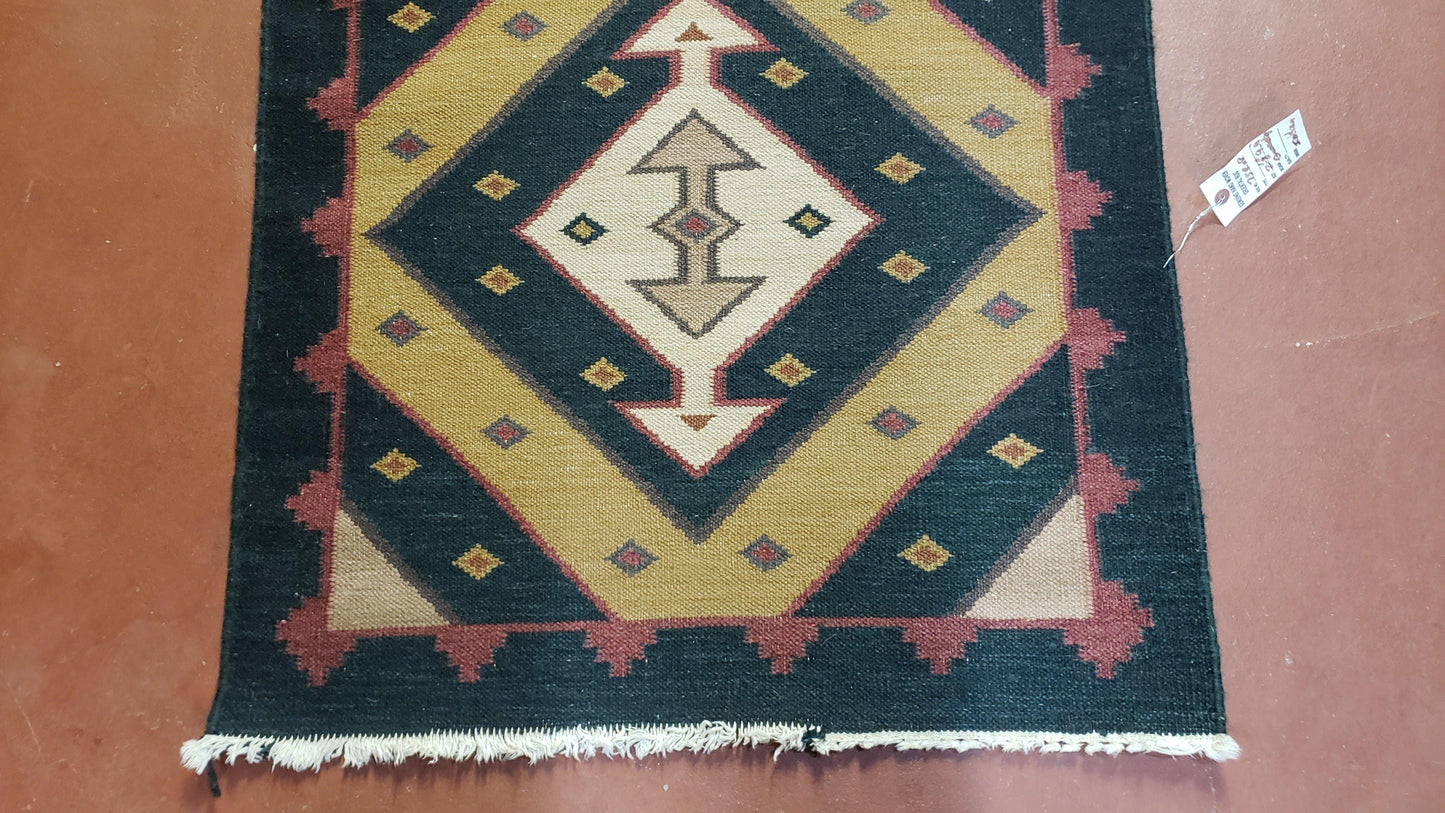 USED Vintage Indian Kilim Runner Rug, Geometric Flatweave Hand-Knotted Wool Kitchen Hallway Runner, Black Gold & Beige, 2' 8" x 9' 9"