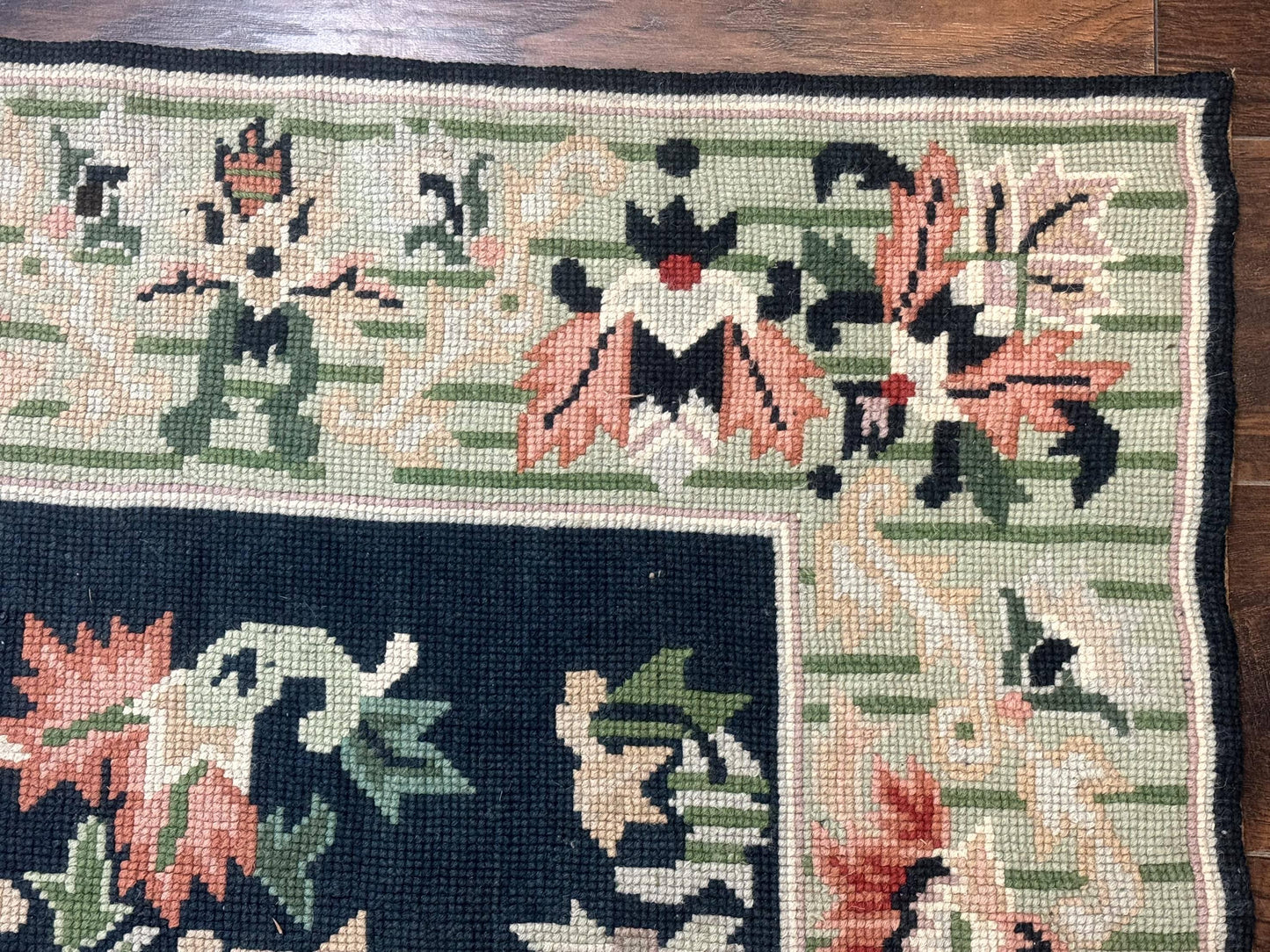 USED Vintage American Needlepoint Rug 4x6, Dark Green, Wool, Handmade, Flatweave Carpet