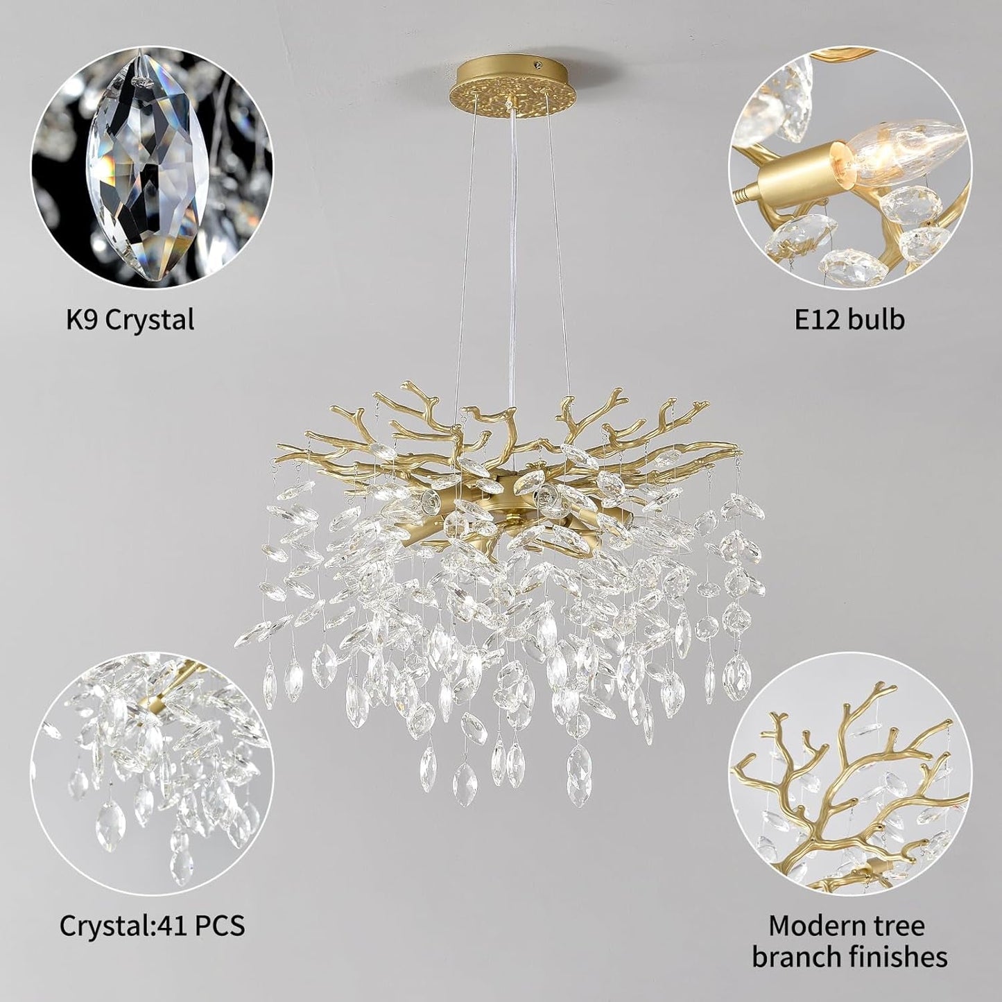NEW Gold Crystal Tree Branch Chandelier 18 Inch K9 Crystals