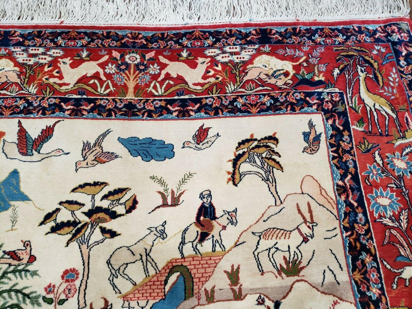 USED Antique Persian Isfahan Rug 5x7, Animal and Human Pictorials, Hand Knotted Fine Oriental Wool Carpet, Cream and Red, High KPSI, Vintage Rug 5 x 7 ft