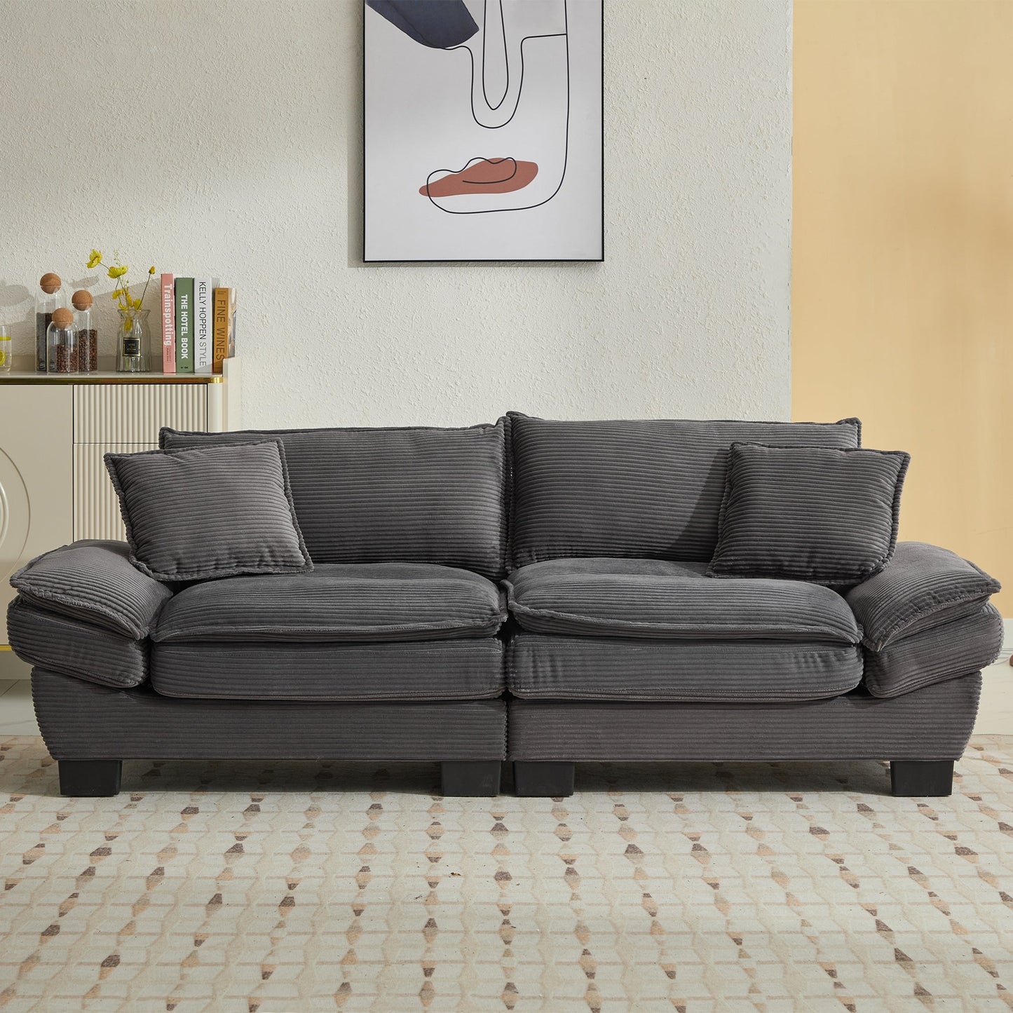 NEW Comfy Grey Upholstered Deep Seat Corduroy Sofa Sleeper Couch Loveseat with Pillows