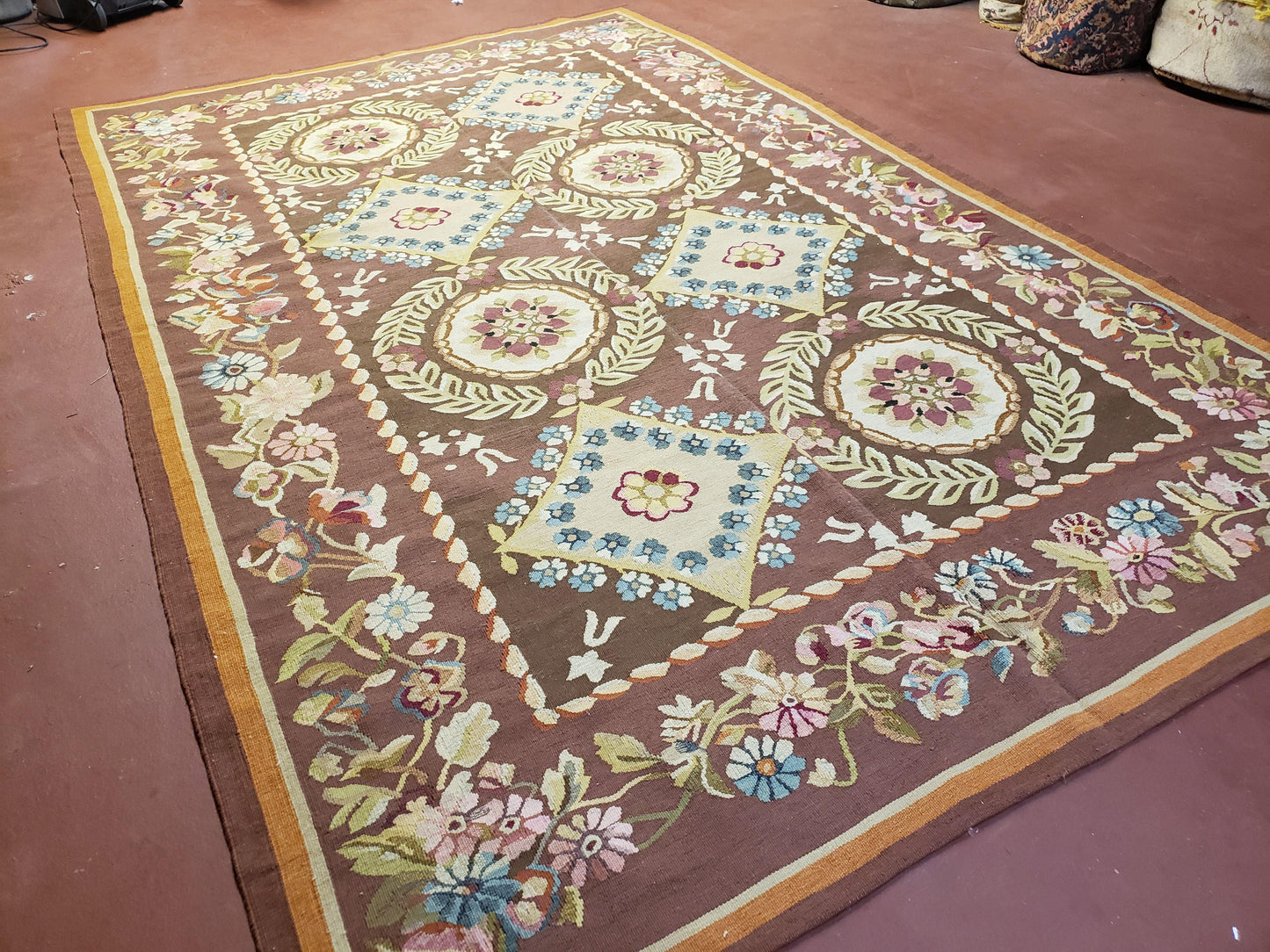 USED Aubusson Rug 6 x 9 Flat Weave Area Carpet European Design Flowers New Brown Rug Handmade Wool Hand-Knotted Aubusson Weave Medium Rug 6x9