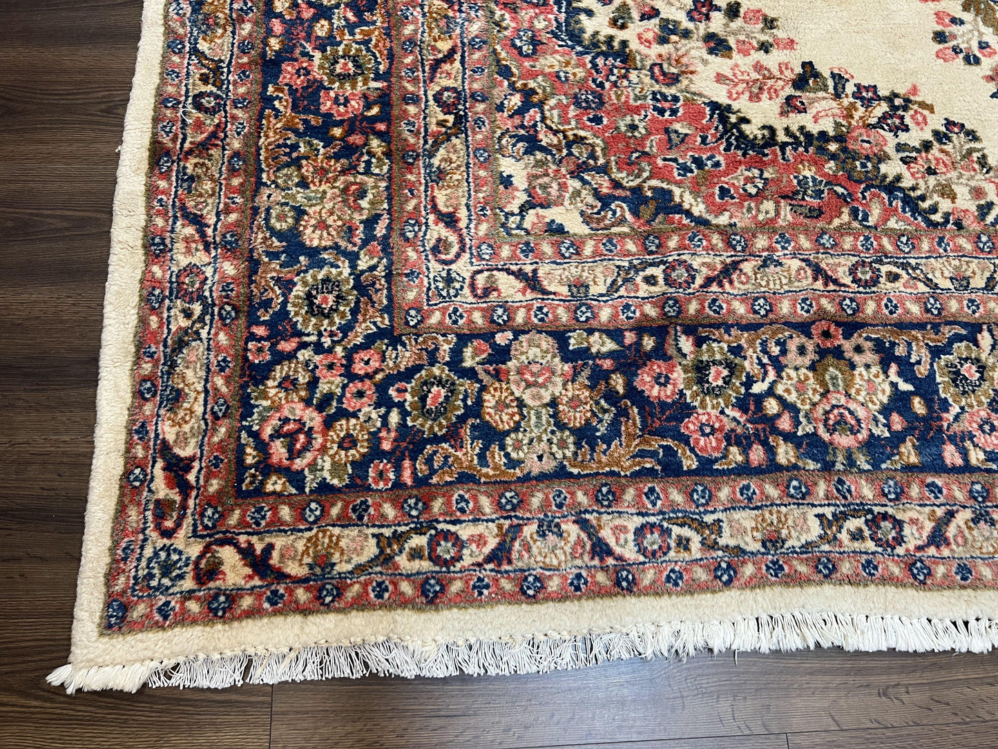 USED Persian Rug 9x10, Hamadan Rug, Antique Oriental Carpet, Wool Rug, Semi Open Field, Cream and Navy Blue, Kirman Design Hand Knotted Almost Square Rug