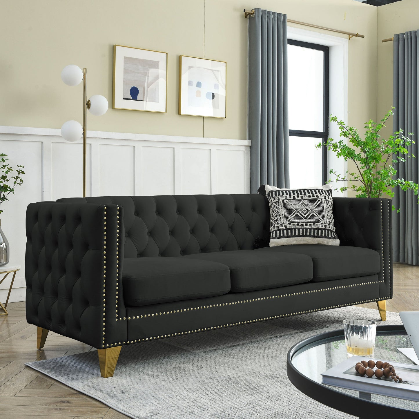 NEW 2pc Black Velvet Tufted Button Square Arm Couch Modern Upholstered Metal Legs Sofa