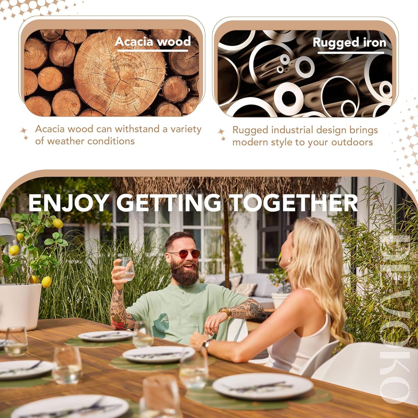 NEW Acacia Wood Dining Table For 6 With Iron Legs IndoorOutdoor