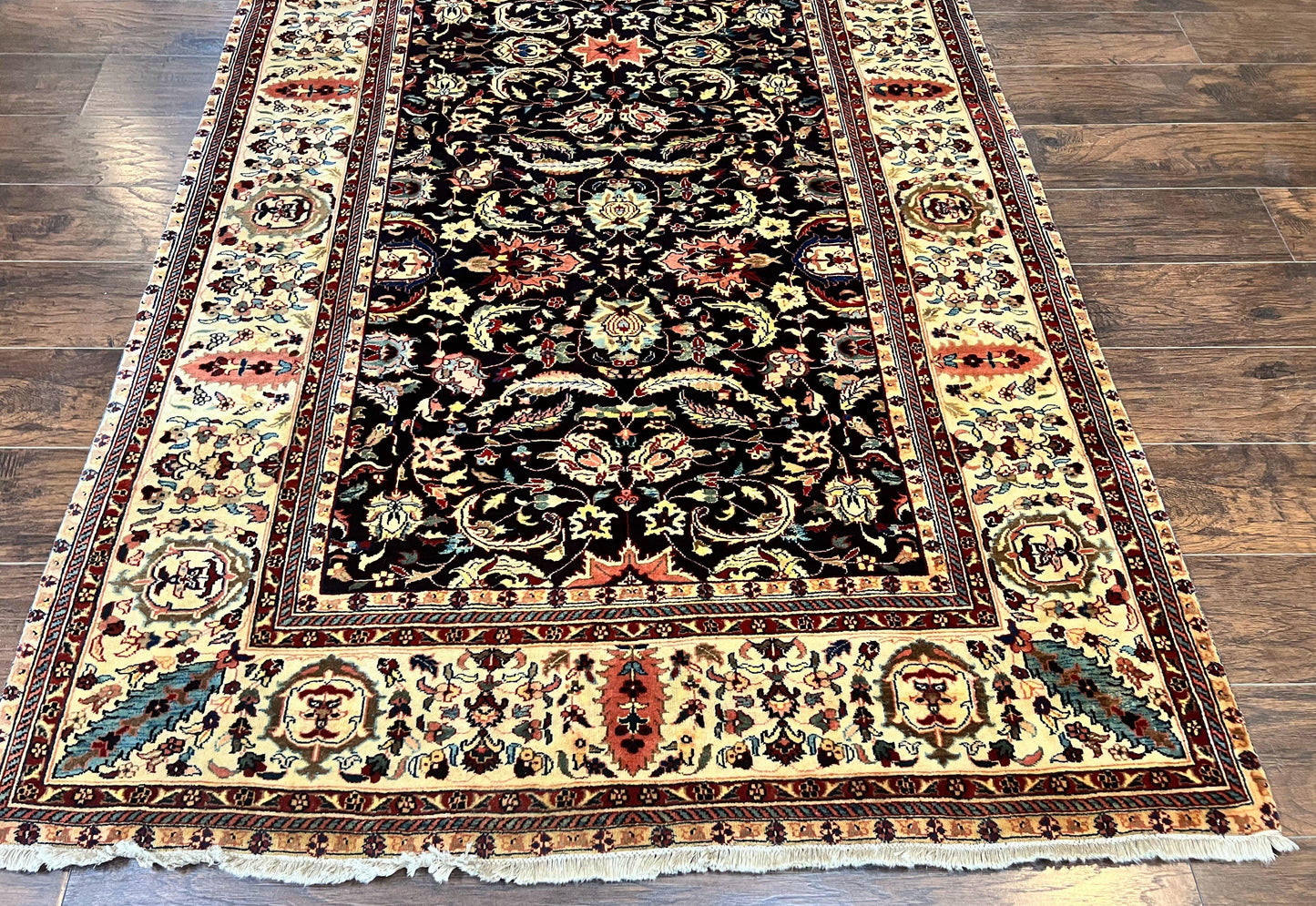 USED Indo Persian Rug 5x15, Wide Runner Rug 5 x 15 ft, Wool Hand Knotted Vintage Carpet, Black & Cream, Floral Allover Long Oriental Rug