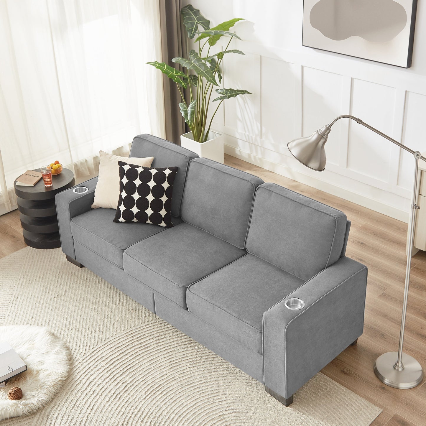 NEW Modern Snow Fleece Fabric 3-Seater Sofa with Cup Holders in Gray