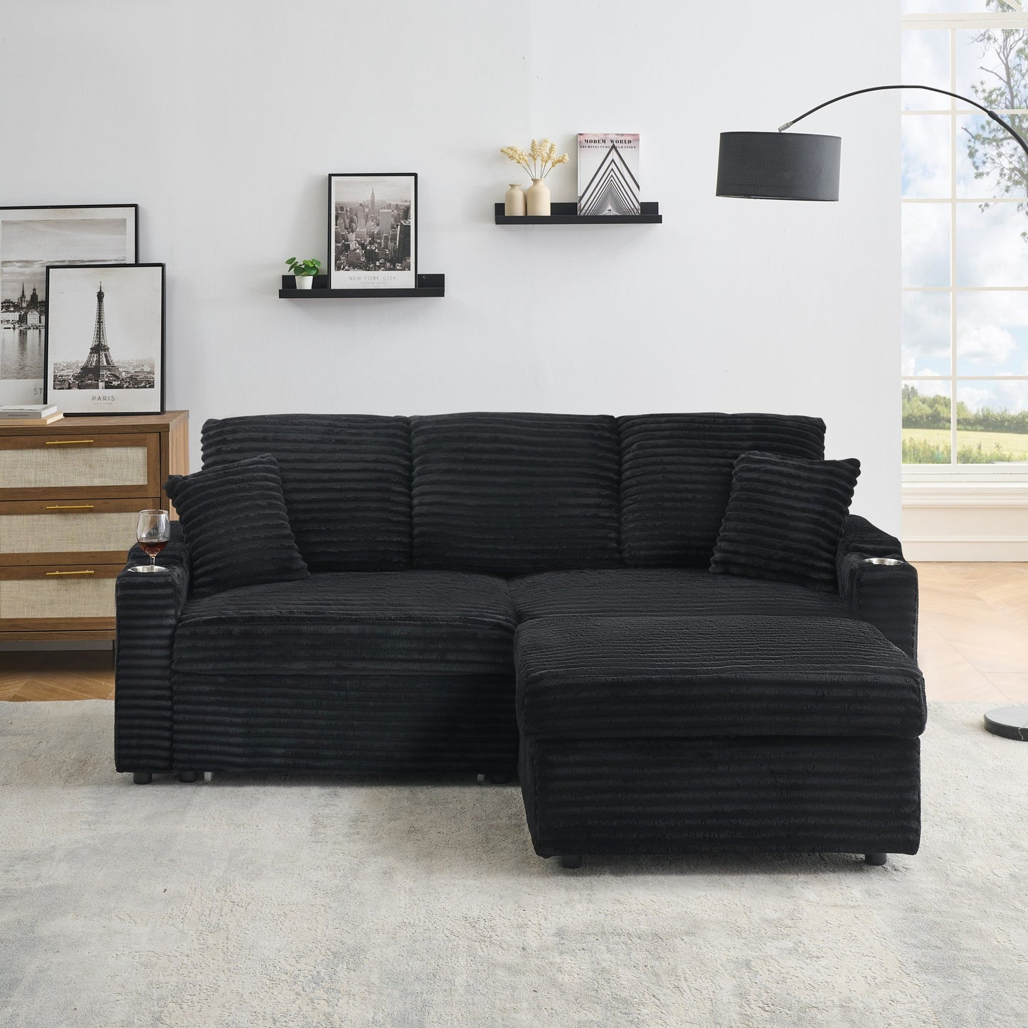 NEW 80' Corduroy Multi-Function Sofa with Hidden Reclining, Space Saving Design, Armrests, Cup Holders and Removable Footstool, Black