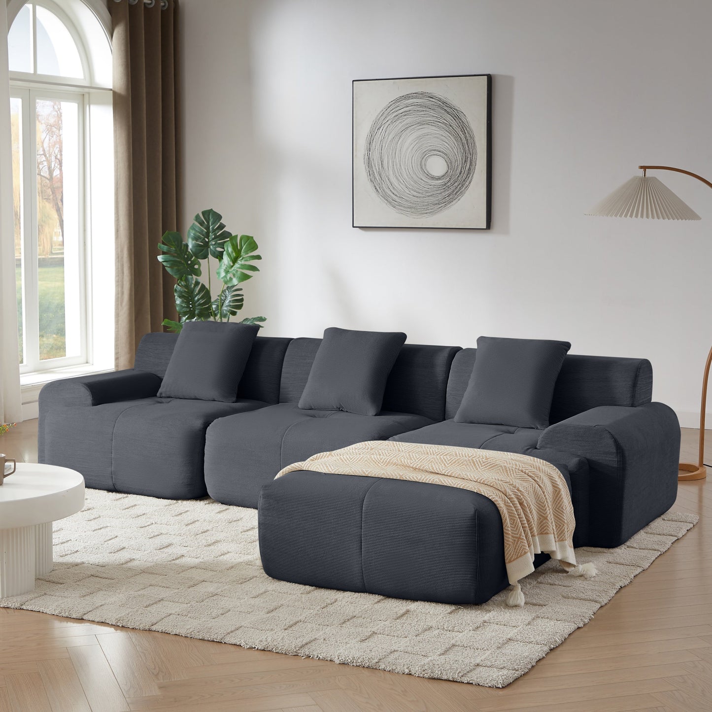 NEW Modern L-Shaped Modular Sectional Sofa with Corduroy Upholstery in Dark Gray, Oversized 3-Seater Couch with Deep Seat and Movable Ottoman – No Assembly Required
