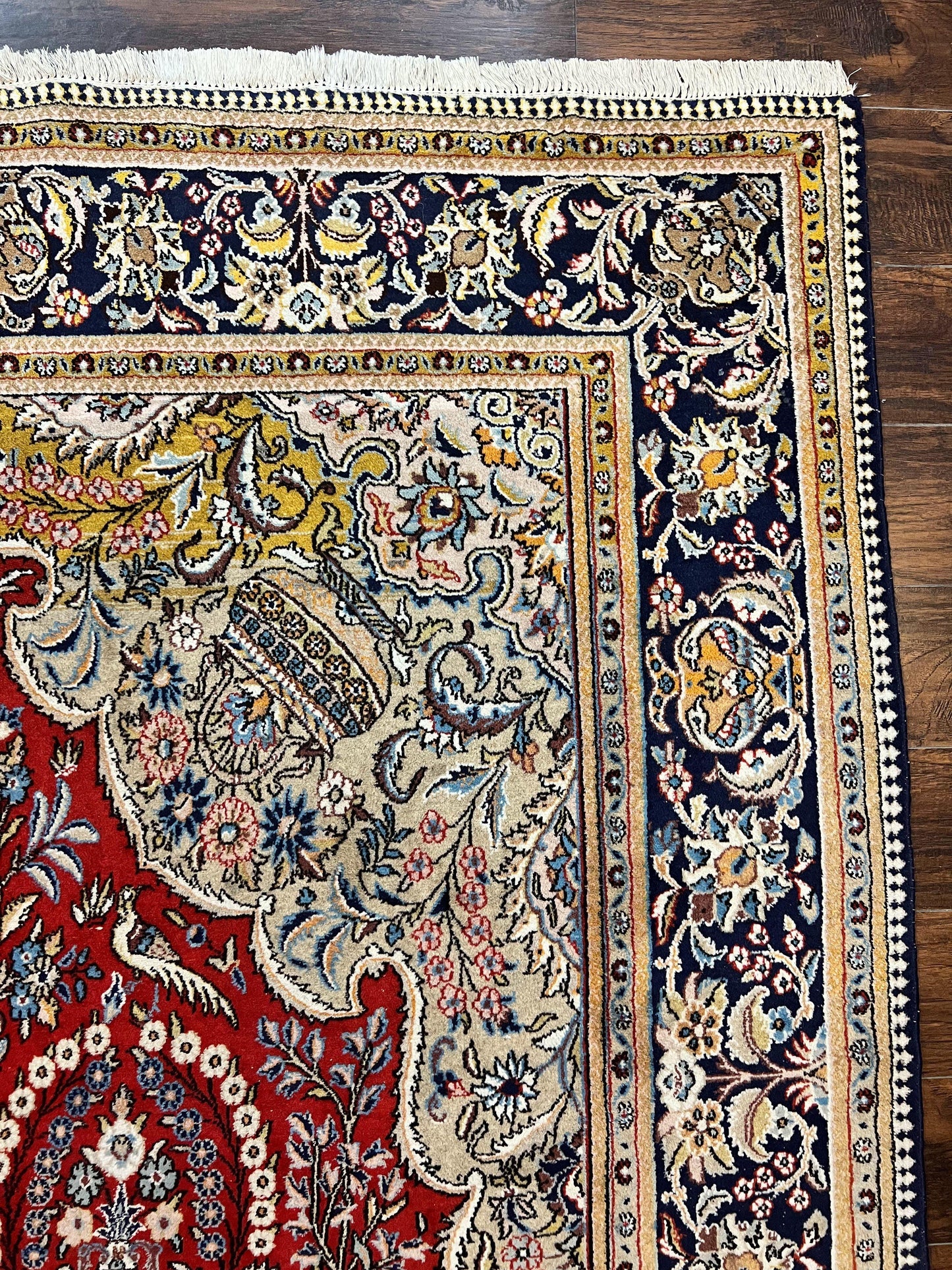 USED Wonderful Persian Qum Rug 10x14, Wool w/ Silk Highlights, Hand Knotted Semi Antique Vintage Carpet, Red, Floral, Fine Weave, Birds Deer Pictorials