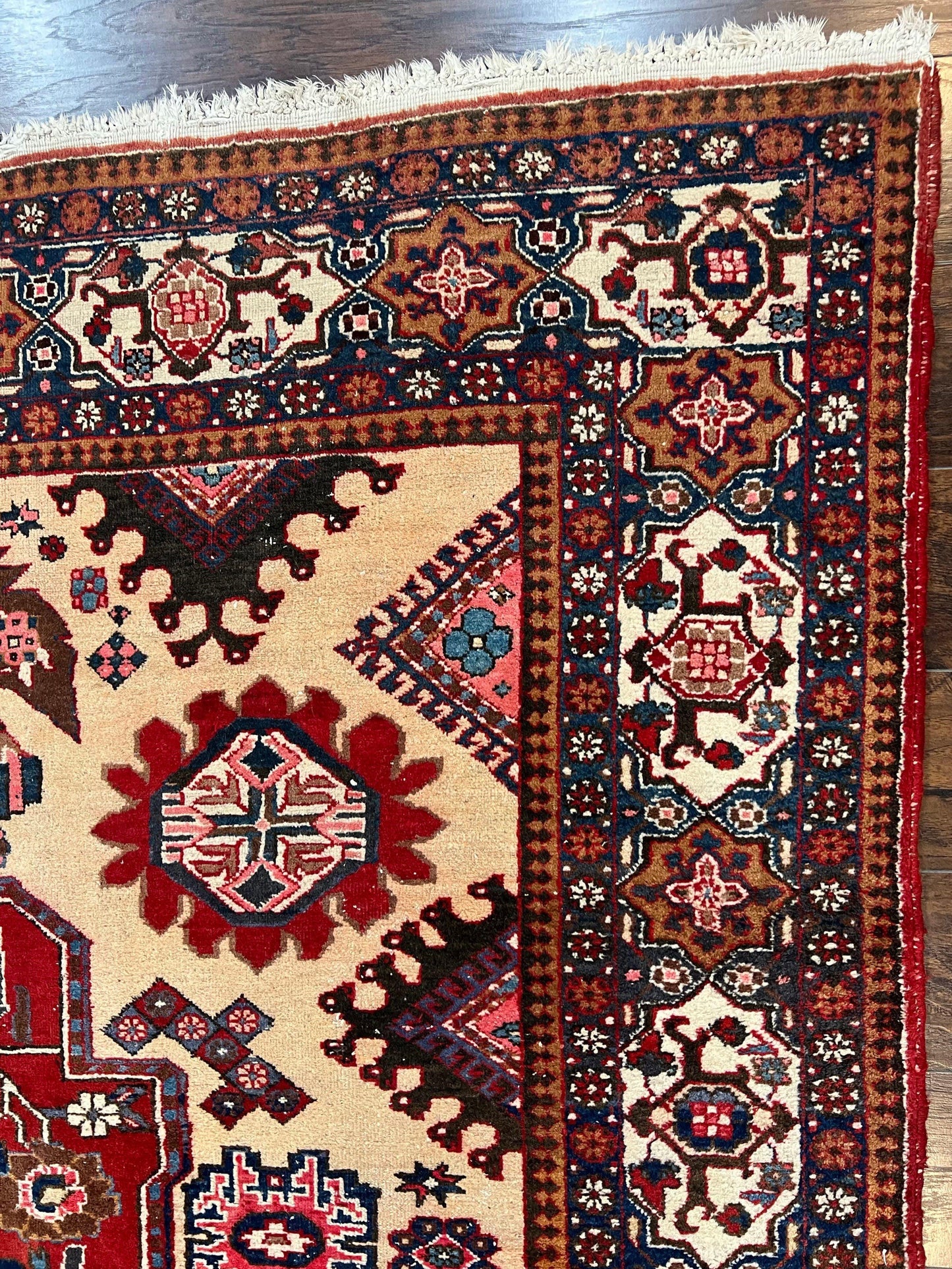 USED Antique Persian Heriz Rug 8x12 ft, Geometric Tribal Room Sized Carpet, Camel Hair Red Navy Blue, Wool Hand Knotted Medallion Oriental Carpet