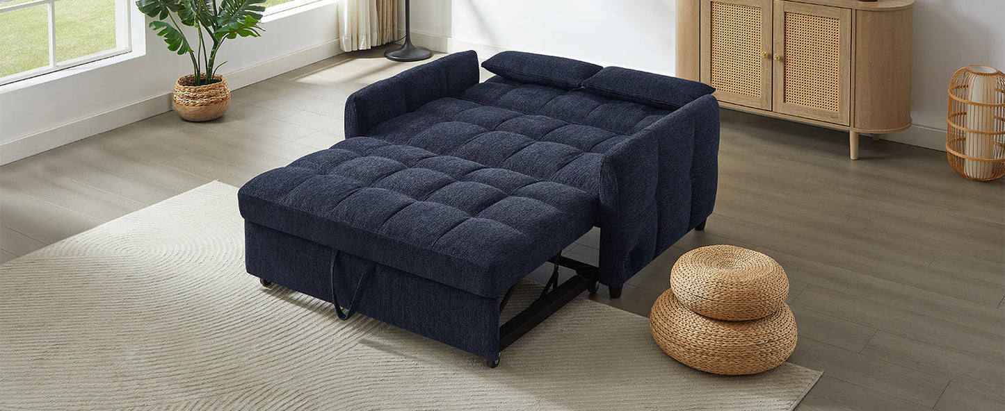 NEW Modern Loveseat Sofa Pull-out Bed with Adjustable Backrest, USB Ports, Lumbar Pillows, Blue Chenille, 52.8'