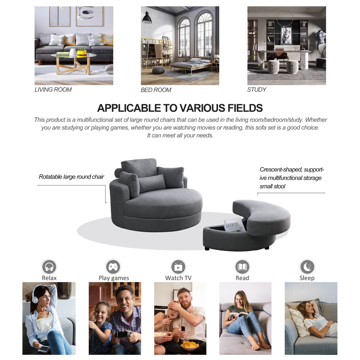 NEW Welike Swivel Accent Barrel Modern Dark Grey Sofa Lounge Club Big Round Chair with Storage Ottoman and Pillows