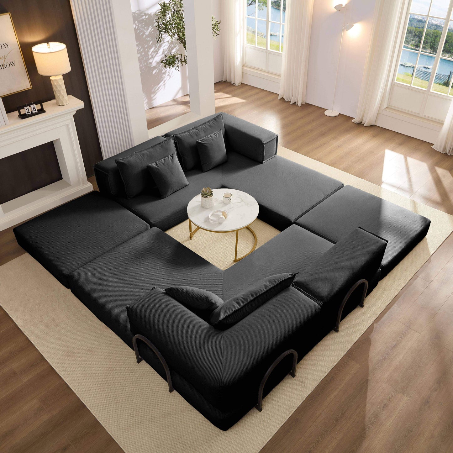 NEW Oversized Black Upholstered Sectional Sofa Set Modular 118.2' L Shaped Living Room Sofa Set with 6 Pillows
