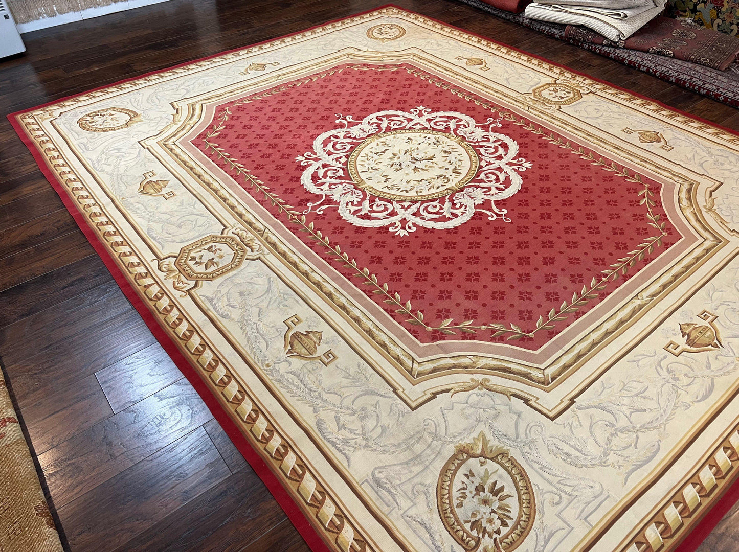 USED Aubusson Rug 9x12 ft, Red and Ivory Elegant Aubusson Carpet, Flatweave, Vintage Wool Handmade Area Rug 9 x 12, French European Design