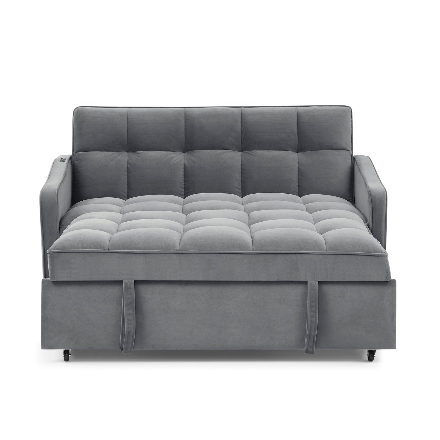 NEW Grey Copper Nail Loveseat Sofa Bed with Pull-out Bed Adjustable Back and Two Arm Pocket TypeC USB Charging