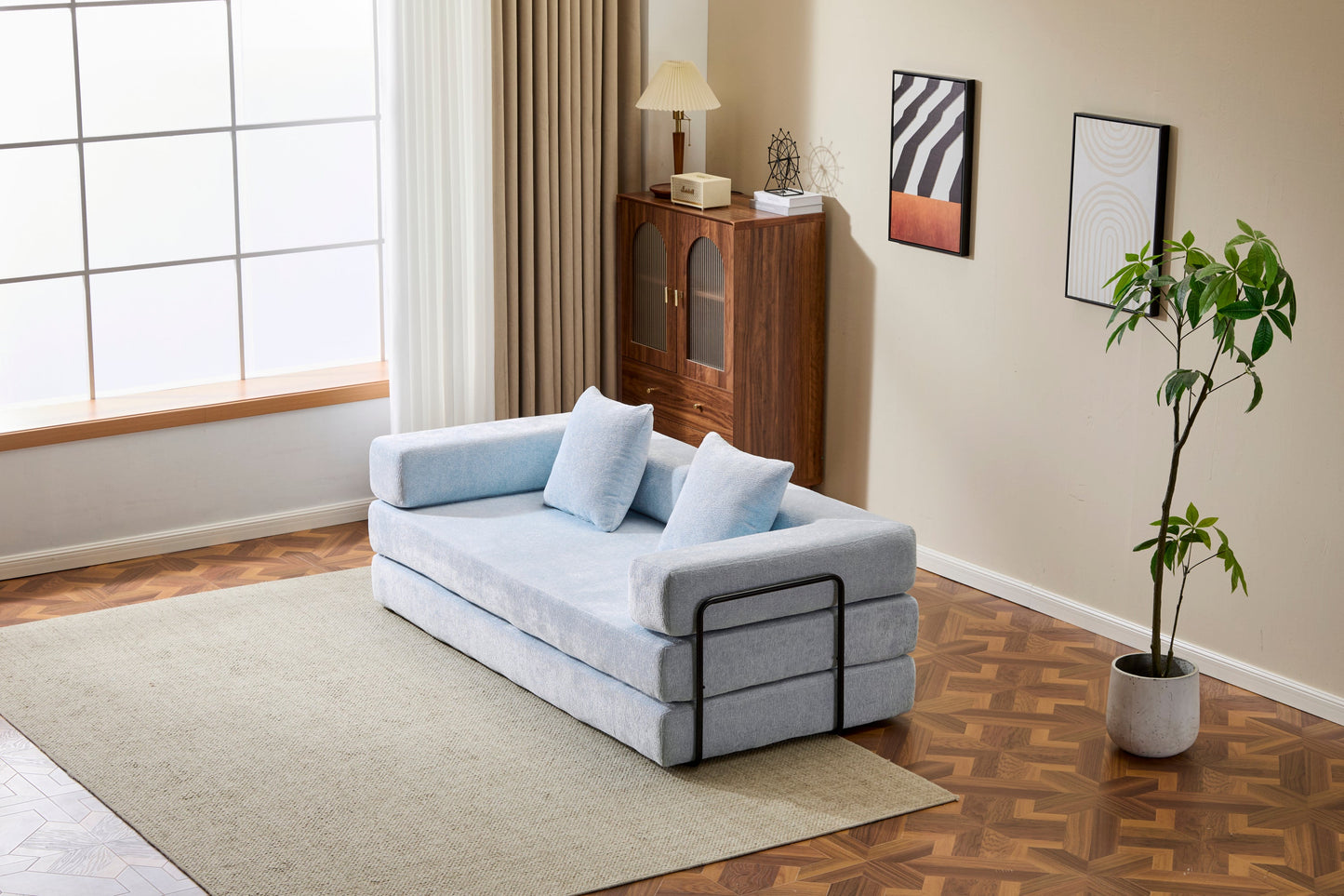 NEW Light Blue Chenille Fabric Floor Couch Compression Convertible Sofa Bed with Pillow Back Support Armrest Comfy Futon Couch Lounge Sleeper Bed