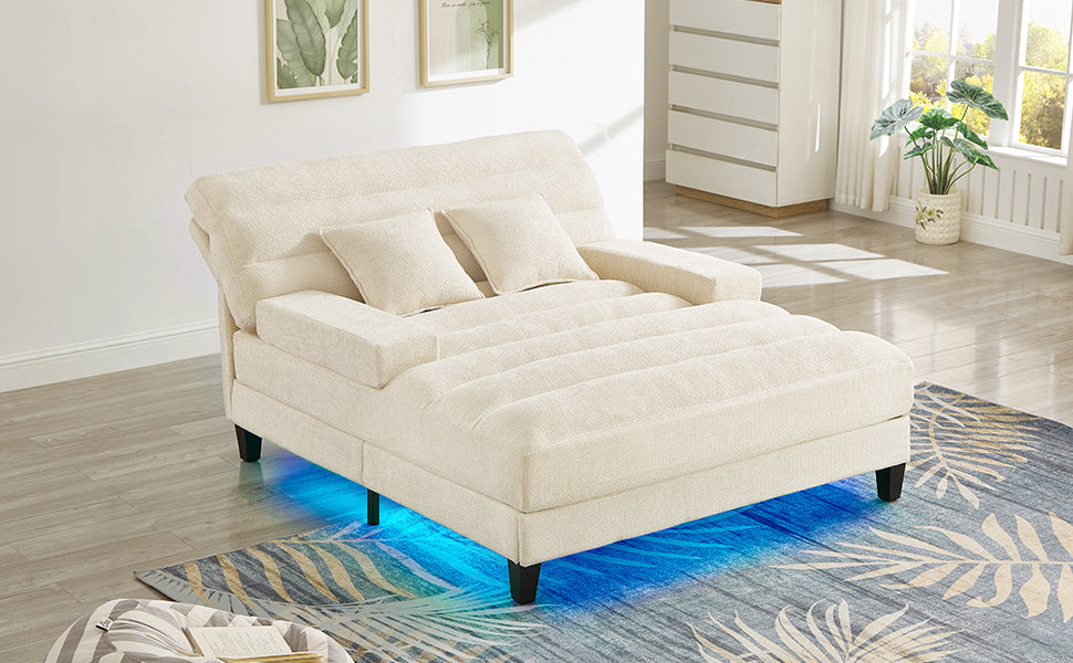 NEW Modern Beige Chaise Lounge Sofa 57.1' Bed Chenille Upholstered Lounge Chair with Adjustable Backrest and LED Light Strip