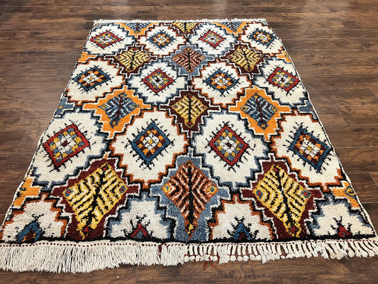 USED Moroccan Rug 5.9 x 7.6, Colorful Geometric Panel, Soft Wool, Handmade, Multicolor, Vintage Moroccan Carpet, Berber Rug, Rabat Rug