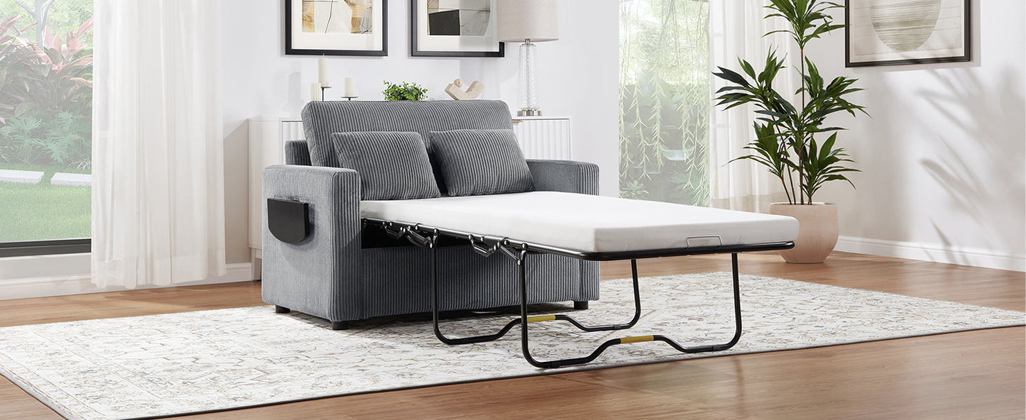 NEW Twin Size 47.2' Gray Corduroy Sleeper Loveseat Sofa Bed with Foldable Mattress USB Ports Side Table & Storage Pocket
