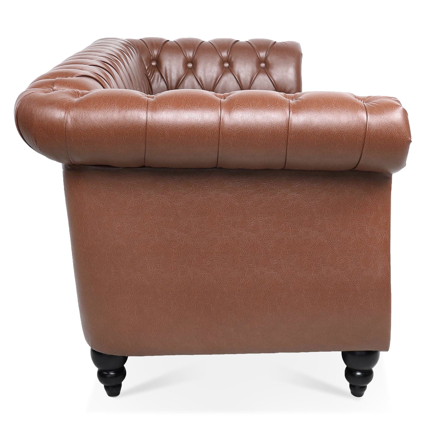 NEW Classic Chesterfield Three Seater Sofa Brown PU Leather with Rolled Arms and Birch Legs 84.65 Inches