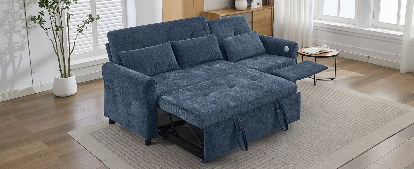 NEW 2-in-1 Sofa 82' Three-seater Sofa with Sofa Bed and Reversible Recliner, Blue Chenille
