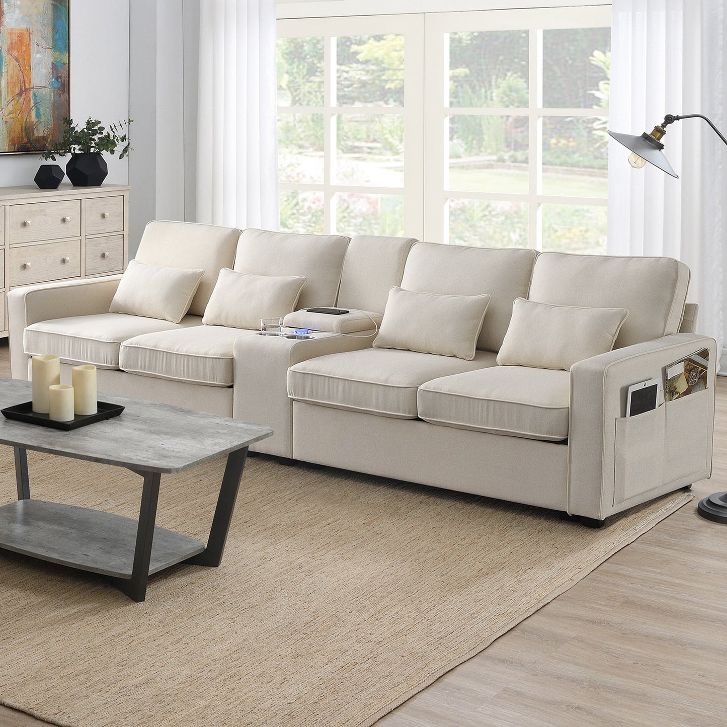 NEW Modern Linen Fabric Upholstered Sofa Couch with Console 2 Cupholders 2 USB Ports Wired or Wirelessly Charged 4 Pillows