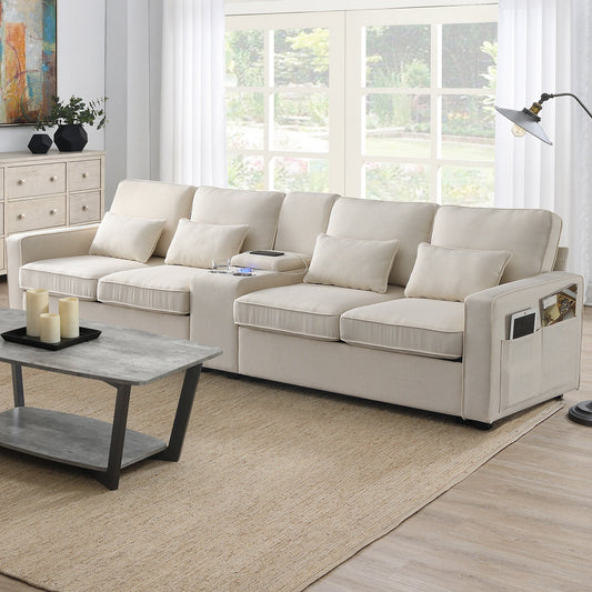 NEW Modern Linen Fabric Upholstered Sofa Couch with Console 2 Cupholders 2 USB Ports Wired or Wirelessly Charged 4 Pillows