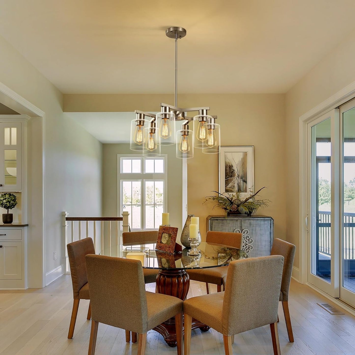 NEW 6 Light Farmhouse Brushed Nickel Pendant Chandelier