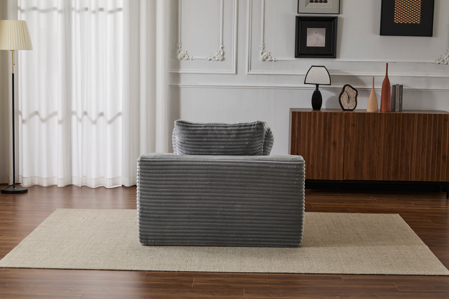 NEW Grey Oversized Chaise Lounge Chair Cozy Cloud Couch Modern Plush Corduroy Upholstered Sleeper Sofa Daybed with 3 Throw Pillows and Wide Armrest