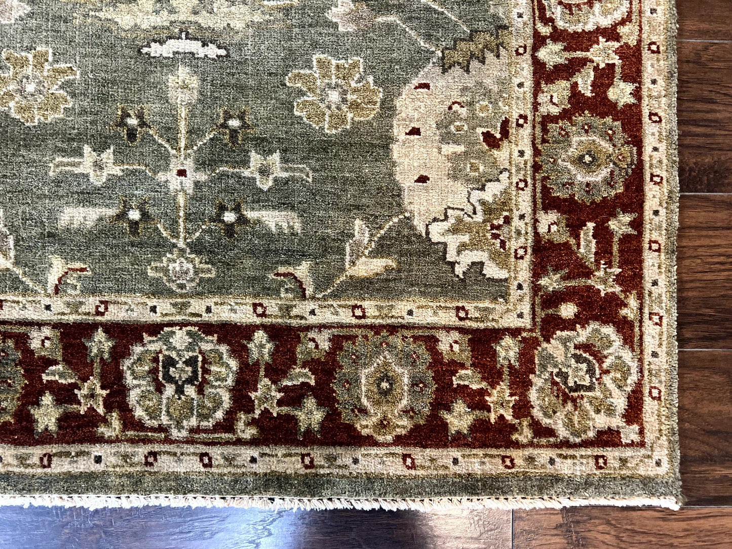USED Indo Oushak Rug 4x6, Green and Maroon, Vintage Wool Floral Rug, Indian Agra Rug