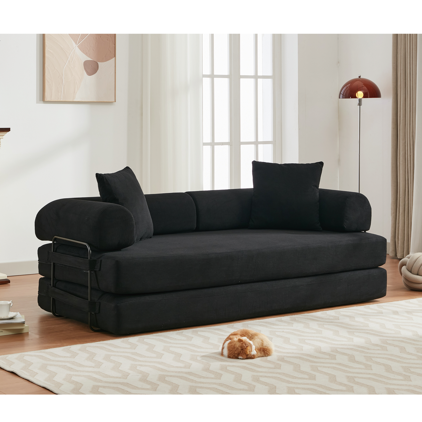 NEW  78.5' Folding Convertible Out Sleeper Sofa Bed,4-in-1 DIY Combination Convertible Sofa,3 seat, Folding  Sofa, King Size , Bedroom,Apartment,Corduroy,Black