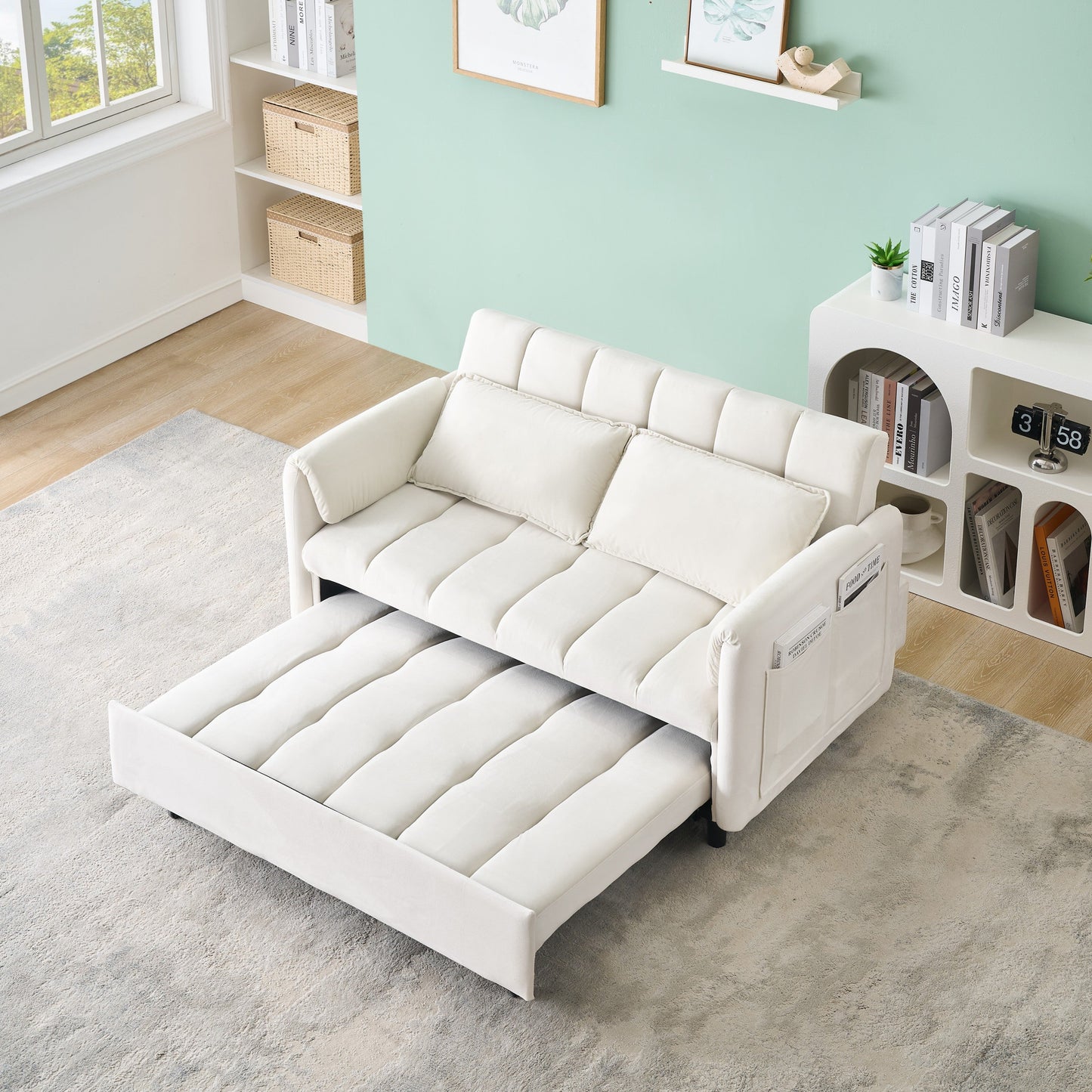 NEW 52 Beige Modern Velvet Sofa Pullout Bed Small Loveseat Casual Sofa with Pillow Pockets