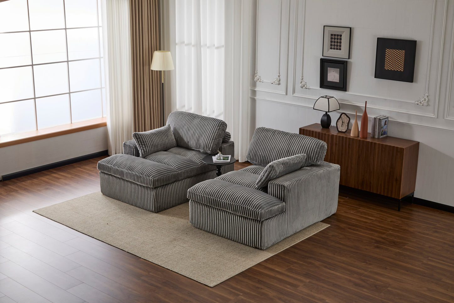 NEW Indoor Grey Corduroy Oversized Upholstered Double Chaise Lounge Chair Oversized Upholstered Sleeper Cloud Couch Deep Seat Luxury Sectional Sofa Bed Chaise Lounge