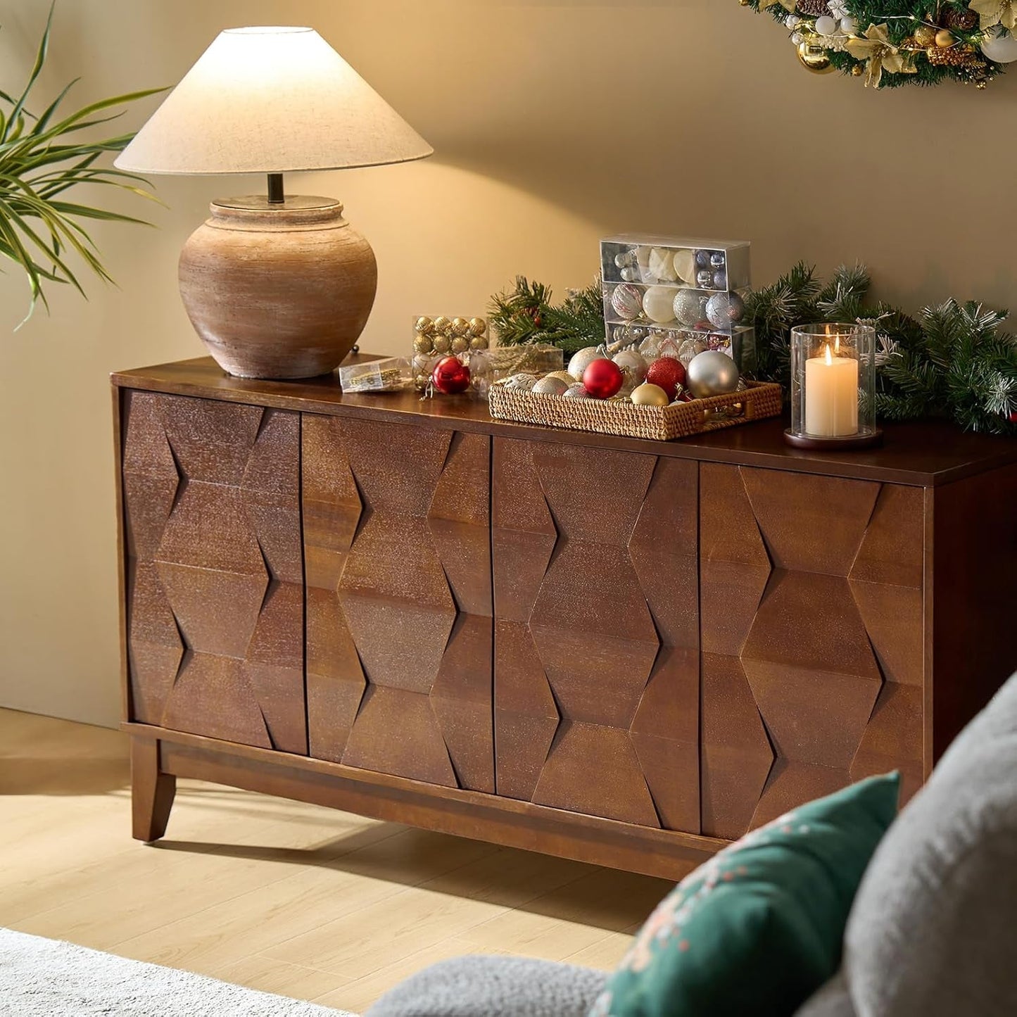 NEW Walnut Mid Century Sideboard Buffet With Solid Wood Legs