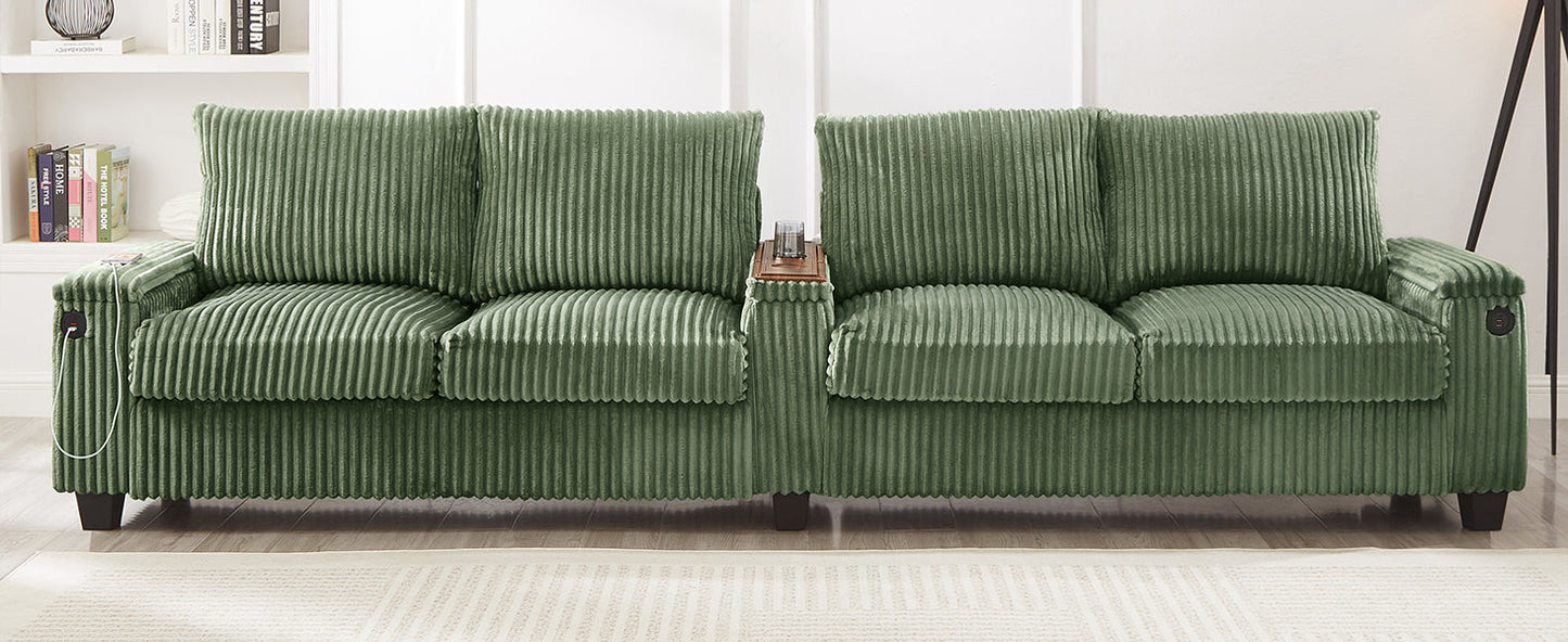 NEW Modern 4-Seater Green Corduroy Sofa with USB Ports Hidden Storage Arms and Flip-Top Cup Holders