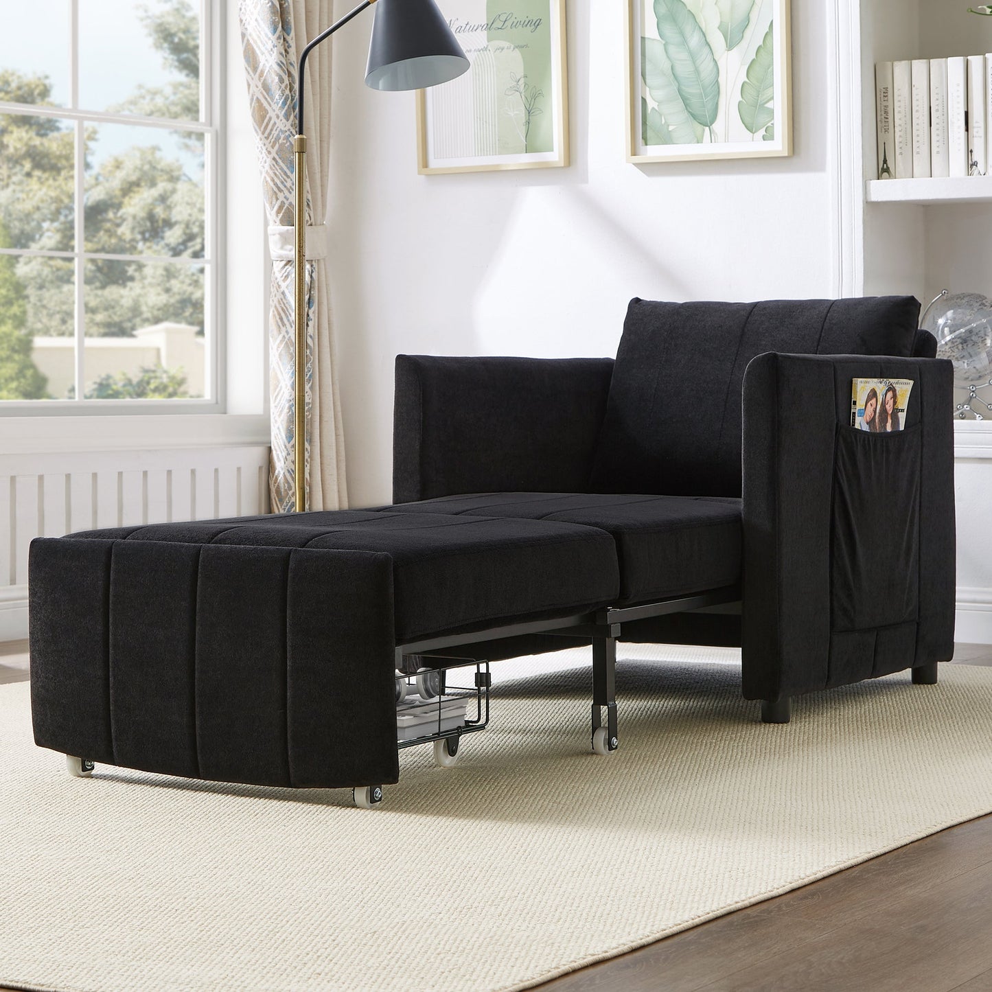 NEW Black Chenille Upholstered Convertible Sleeper Sofa with 5-Position Backrest Side Pockets Storage