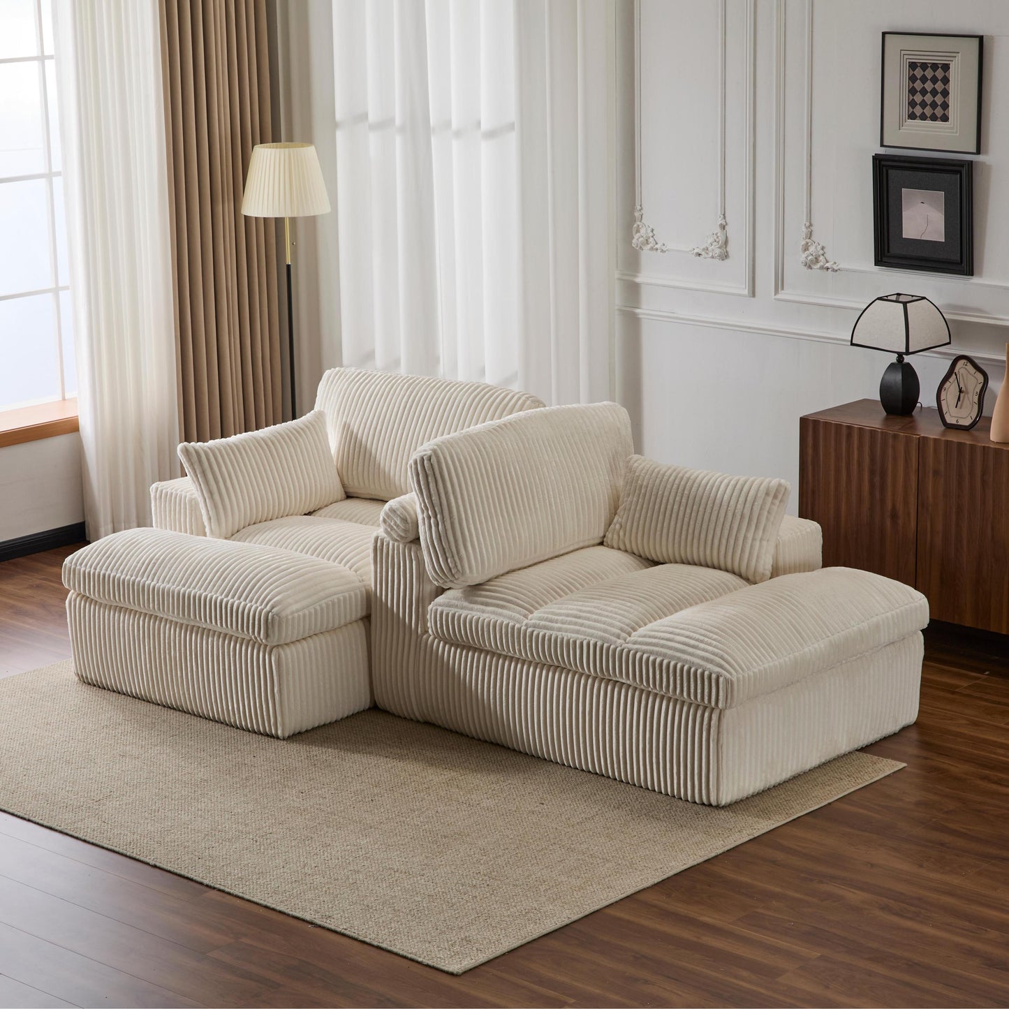 NEW Double Chaise Lounge Chair Indoor,Oversized Upholstered Sleeper Cloud Couch,Deep Seat Luxury Sofa Bed,Sectional Sofa Chaise Love-seat,Corduroy Reading Chair for Living Room,No Assembly Required,White