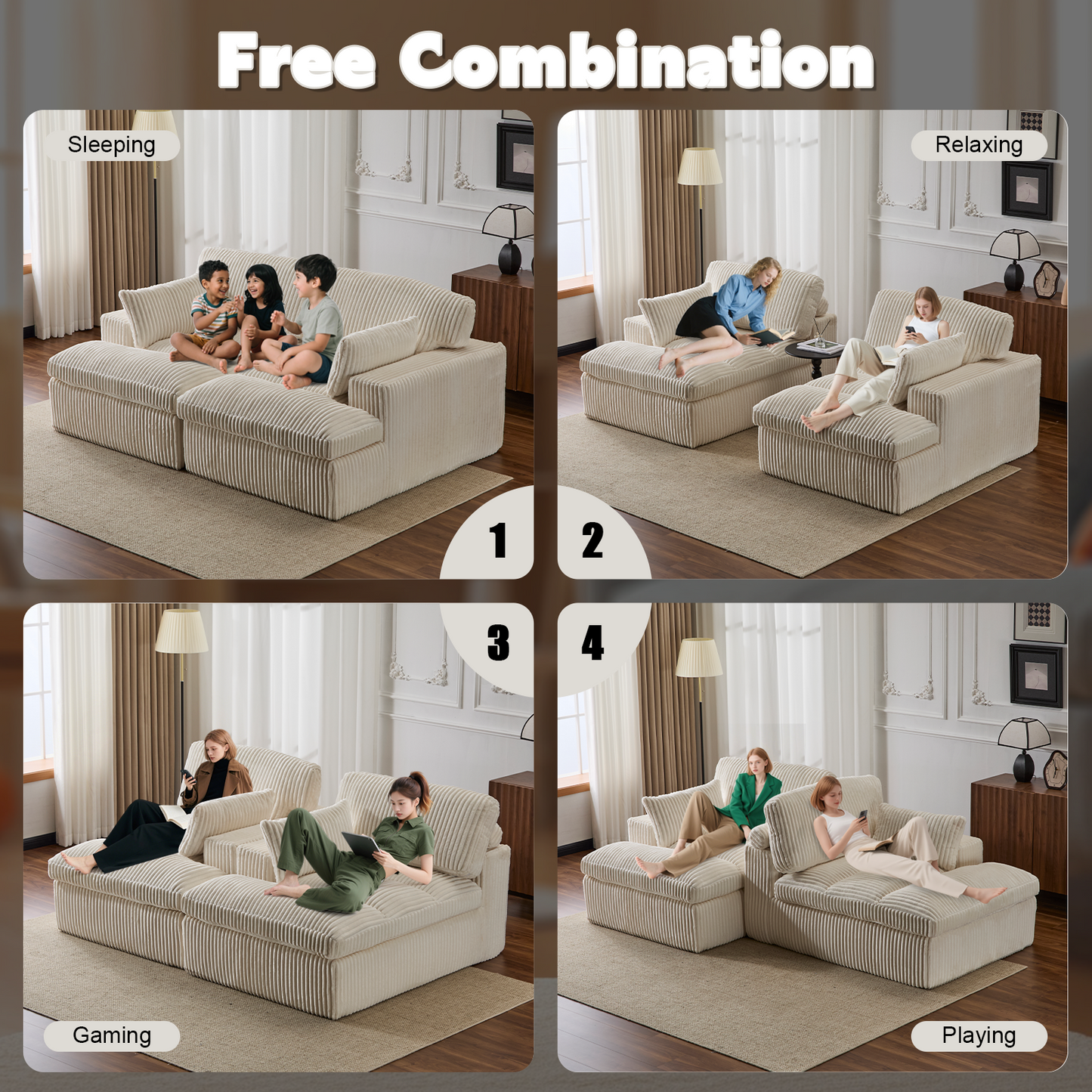 NEW Double Chaise Lounge Chair Indoor,Oversized Upholstered Sleeper Cloud Couch,Deep Seat Luxury Sofa Bed,Sectional Sofa Chaise Love-seat,Corduroy Reading Chair for Living Room,No Assembly Required,White