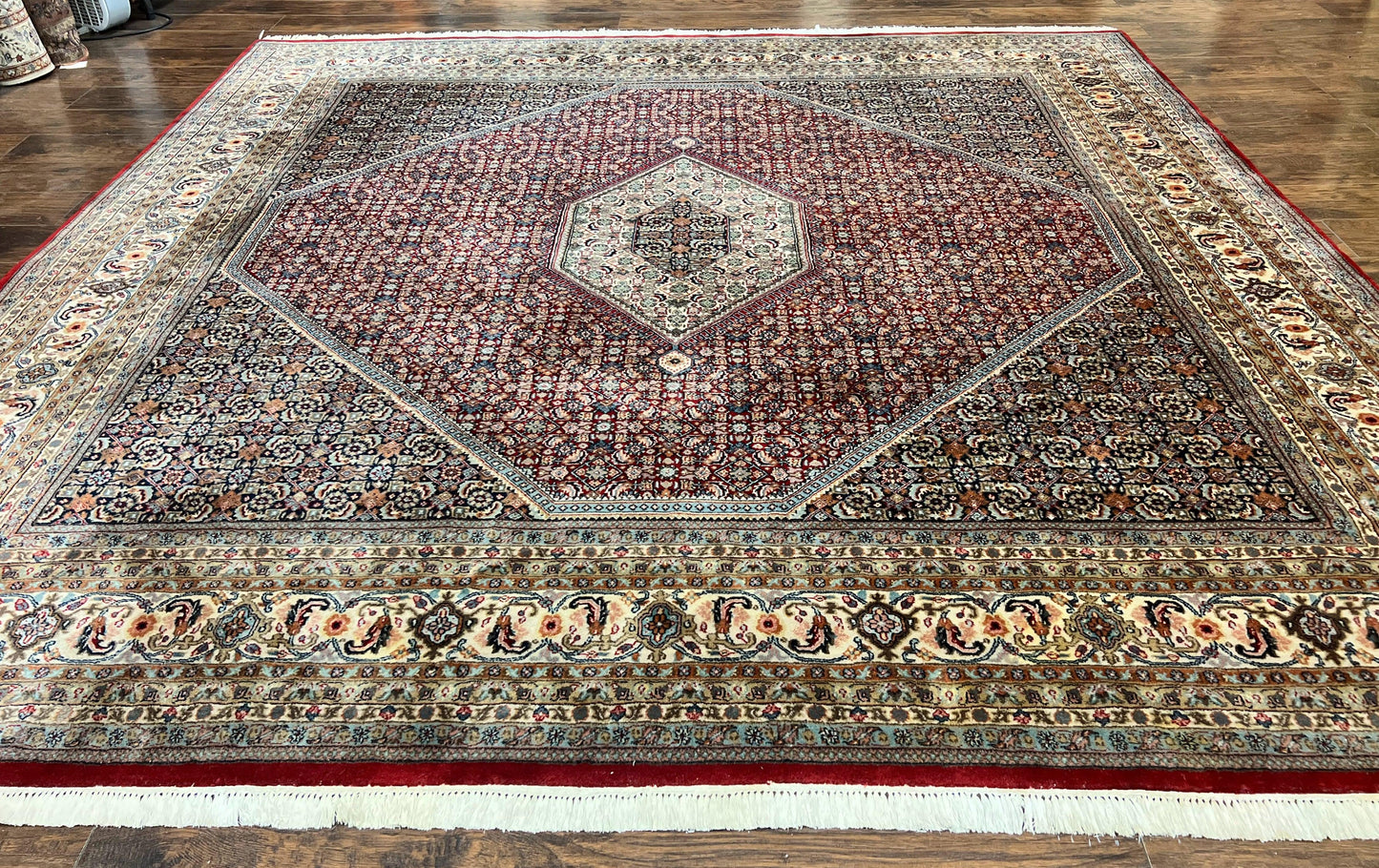 USED Square Indo Persian Bidjar Rug 10x10, Red, Handmade Vintage Wool Carpet