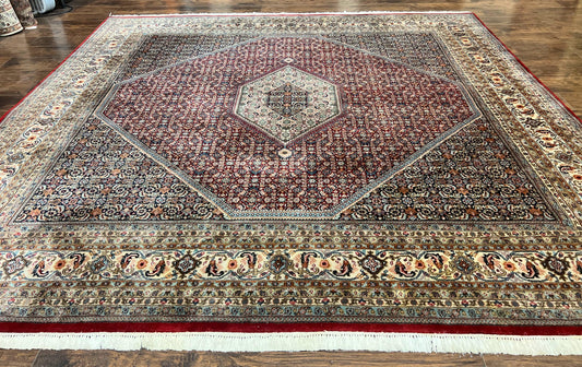 USED Square Indo Persian Bidjar Rug 10x10, Red, Handmade Vintage Wool Carpet
