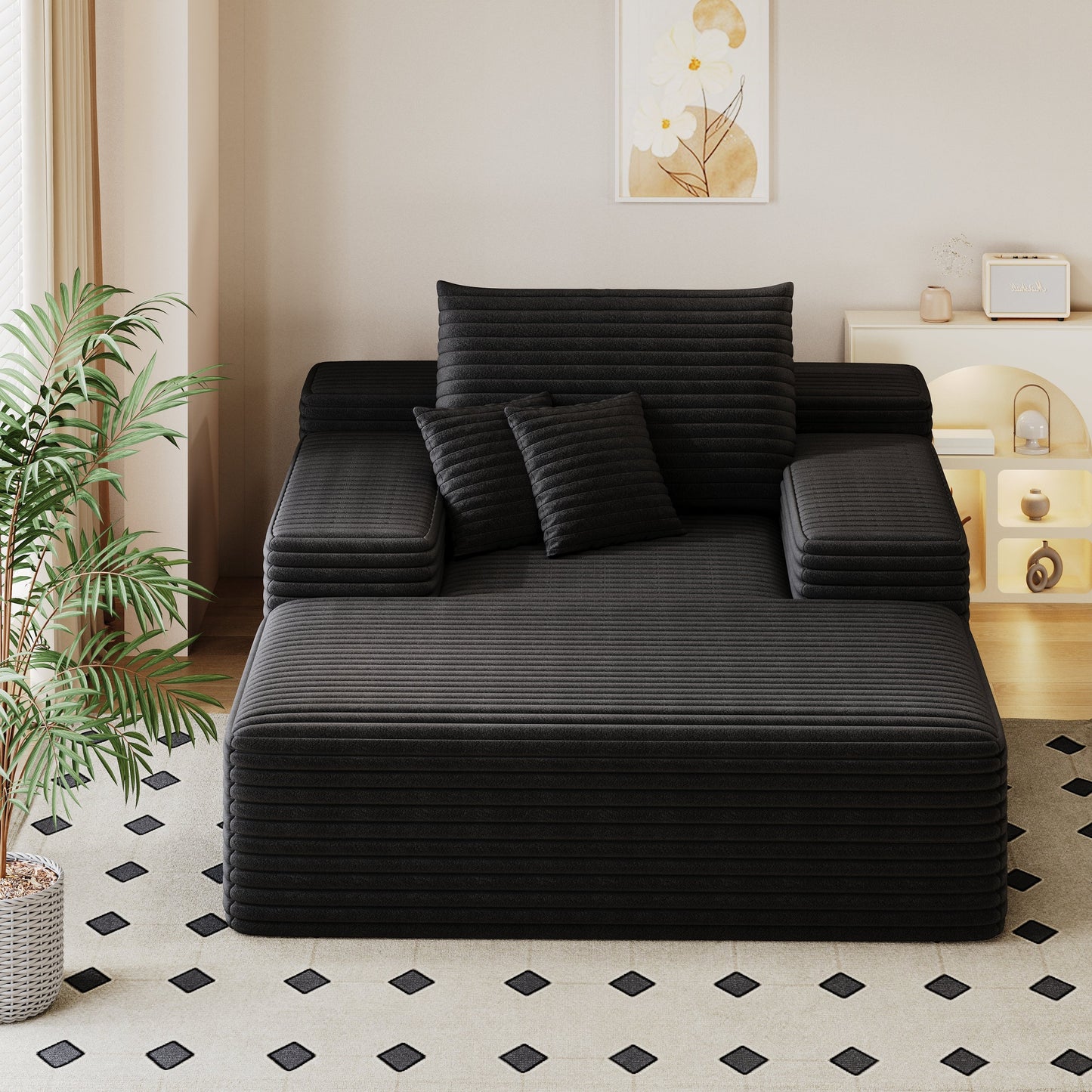 NEW Modern Black Plush Corduroy Fabric Sofa Bed Lounger