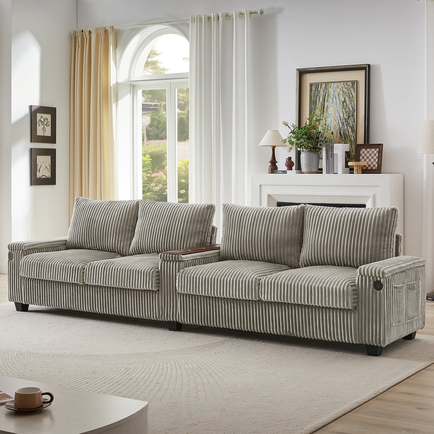 NEW Modern 4-Seater Corduroy Sofa Couch with USB Ports, Hidden Storage Arms, and Flip-Top Cup Holders, Brown, 133 Inches