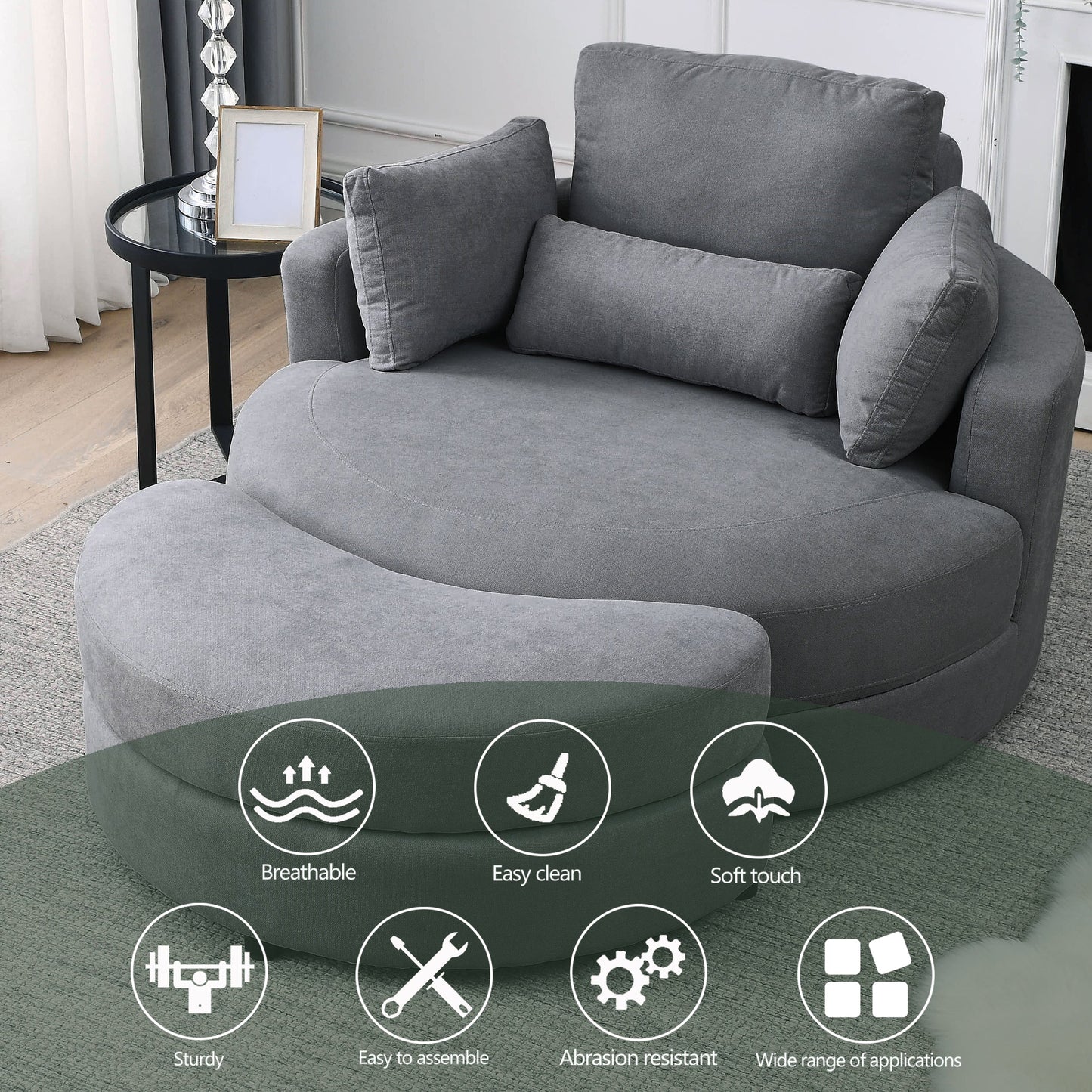 NEW Welike Swivel Accent Barrel Modern Dark Grey Sofa Lounge Club Big Round Chair with Storage Ottoman and Pillows