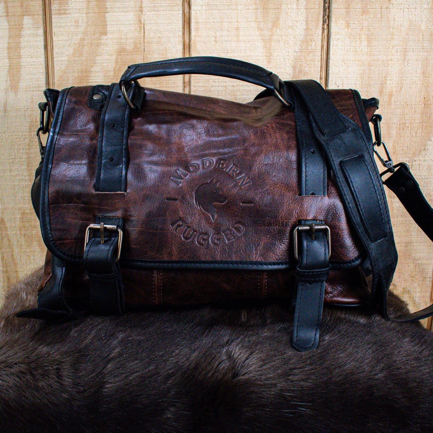 NEW Leather Hide Laptop Bag- Rustic Merlot and Black (Buckles)
