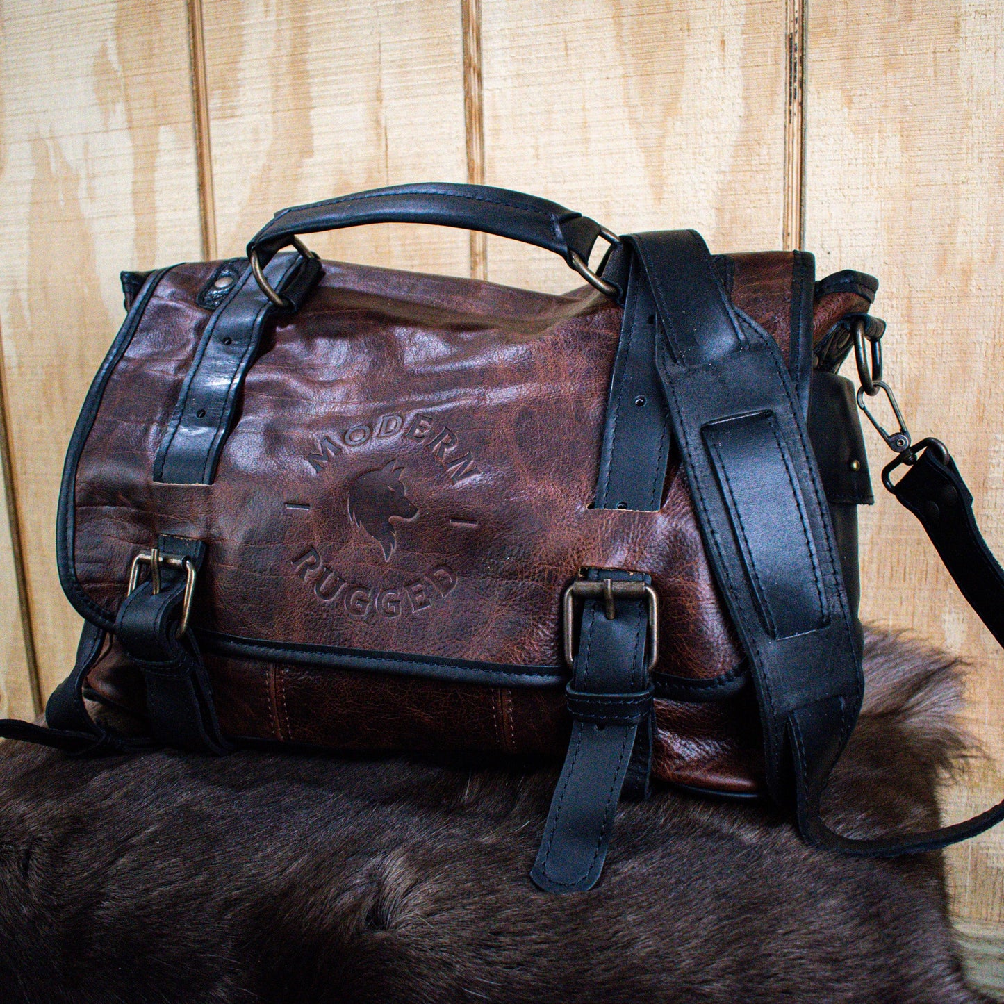 NEW Leather Hide Laptop Bag- Rustic Merlot and Black (Buckles)