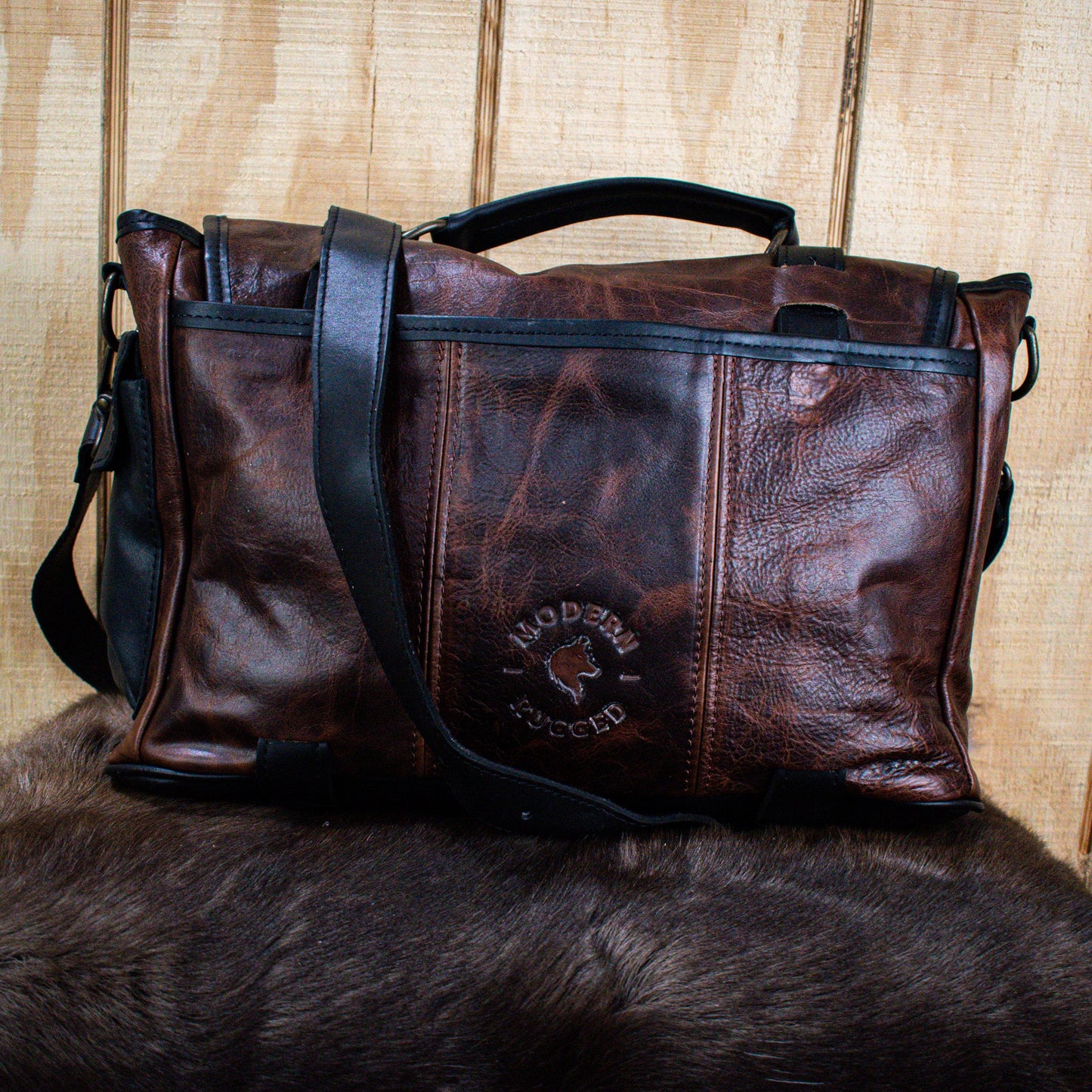 NEW Leather Hide Laptop Bag- Rustic Merlot and Black (Buckles)