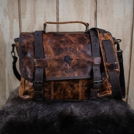 NEW Leather Hide Laptop Bag- Rustic Chestnut and Dark Brown (Buckles)